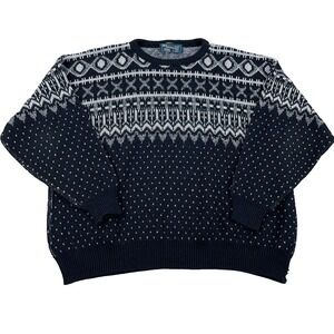 Vintage Grandpa Sweater Men XL Black White 90s Fair Isle Birdseye Nordic USA